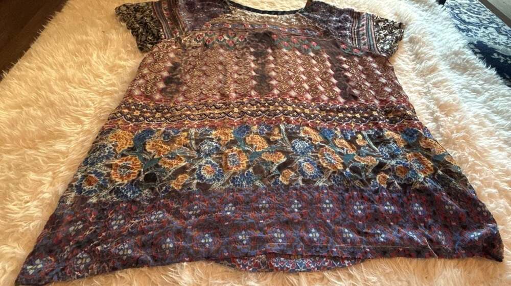 Johnny Was Bohemian Printed Velvet Short Sleeve Tunic Top